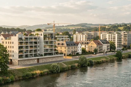 Vue large d'un ensemble immobilier moderne en Moselle mêlant architecture contemporaine et pierre traditionnelle lorraine