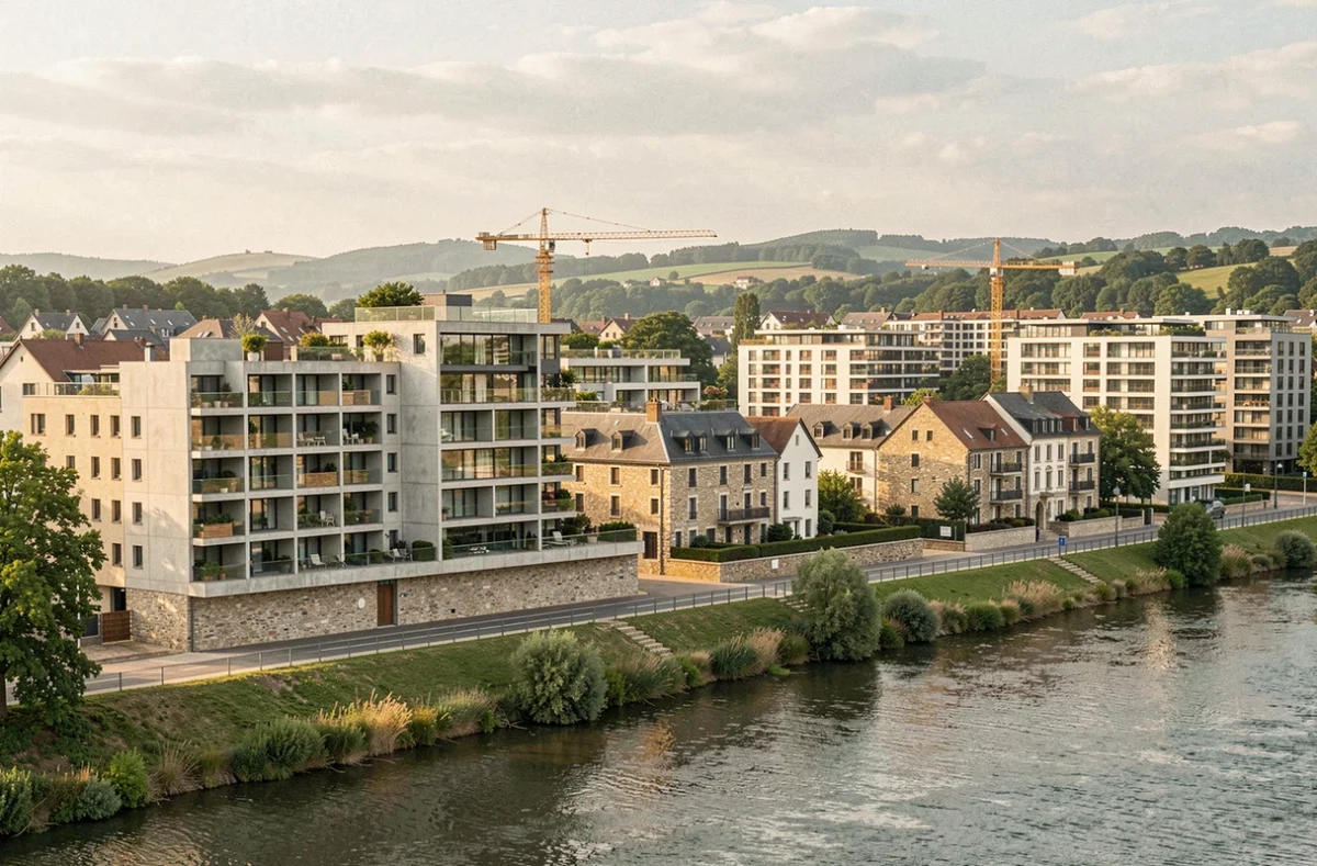 Vue large d'un ensemble immobilier moderne en Moselle mêlant architecture contemporaine et pierre traditionnelle lorraine