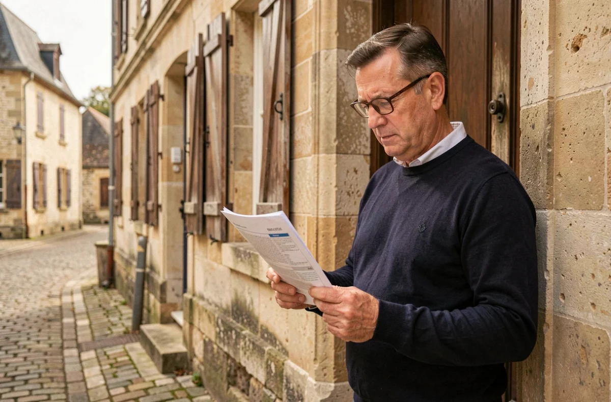 Propriétaire examinant son contrat d'assurance habitation devant une maison traditionnelle à Blois