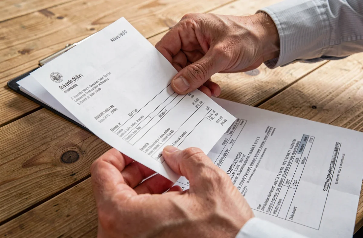 Propriétaire examinant des quittances de loyer et un relevé bancaire