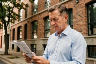 Propriétaire non occupant examinant des documents d'assurance devant un immeuble résidentiel