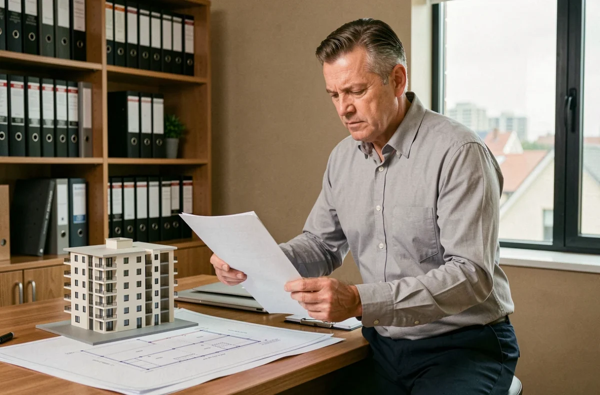 Propriétaire non occupant examinant un contrat d'assurance pour un immeuble locatif dans son bureau