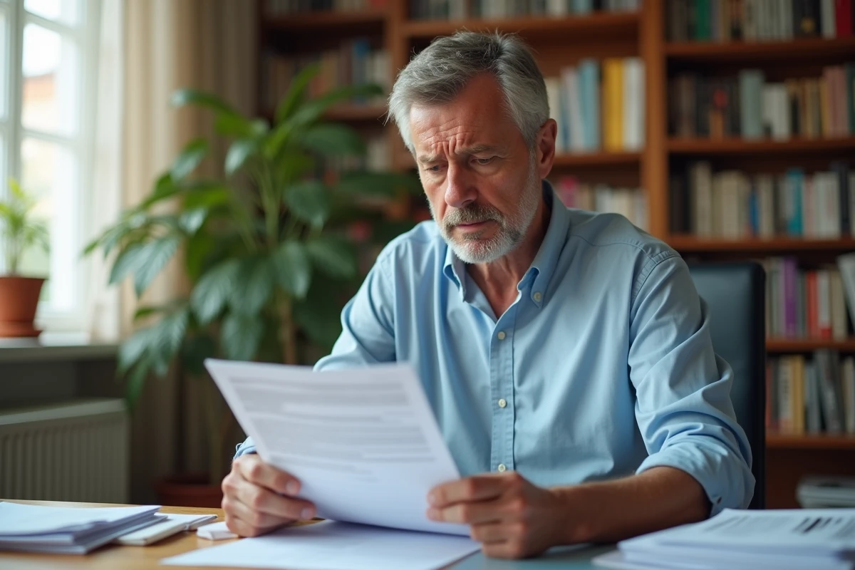 Propriétaire immobilier inquiet examinant ses relevés bancaires et documents de loyer dans un bureau à domicile