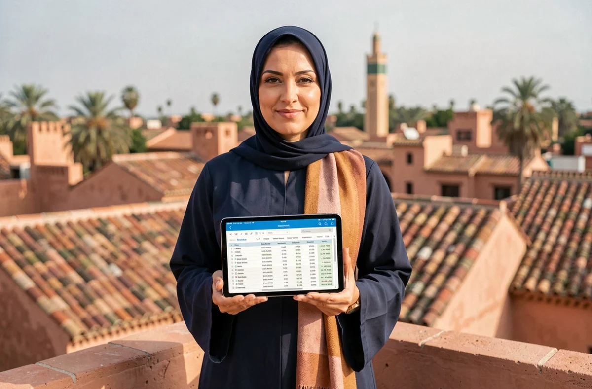 Propriétaire vendeuse présentant les rendements locatifs d'un appartement sur une terrasse avec vue sur les toits de la médina de Marrakech