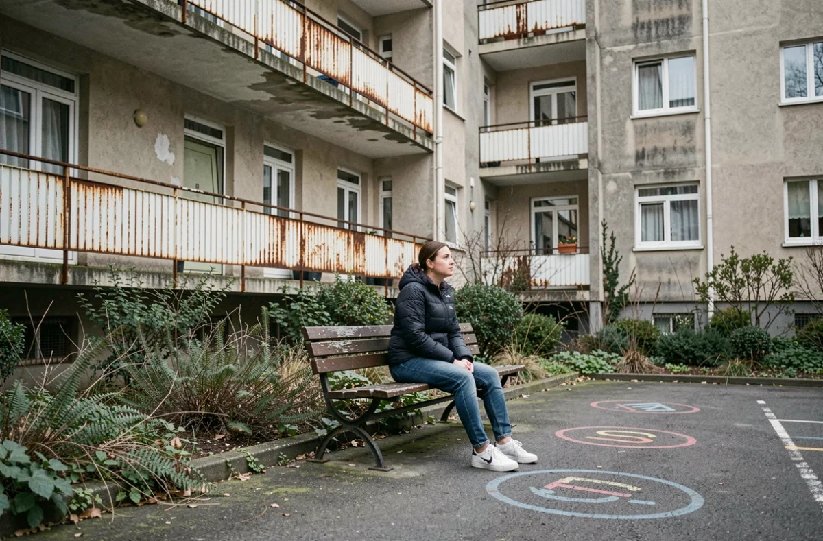 Cour intérieure d'une cité HLM à Caen avec jeune femme assise sur un banc usé