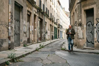 Rue dégradée dans un quartier défavorisé de Caen avec façades abîmées et trottoirs fissurés