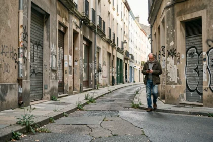 Rue dégradée dans un quartier défavorisé de Caen avec façades abîmées et trottoirs fissurés