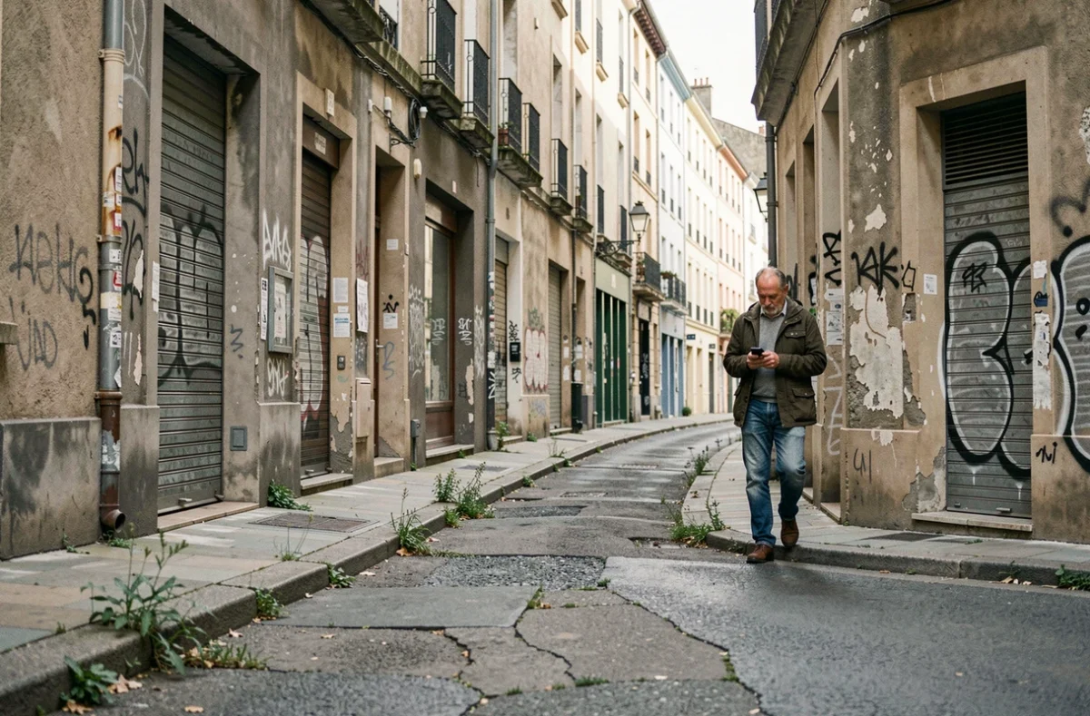 Rue dégradée dans un quartier défavorisé de Caen avec façades abîmées et trottoirs fissurés