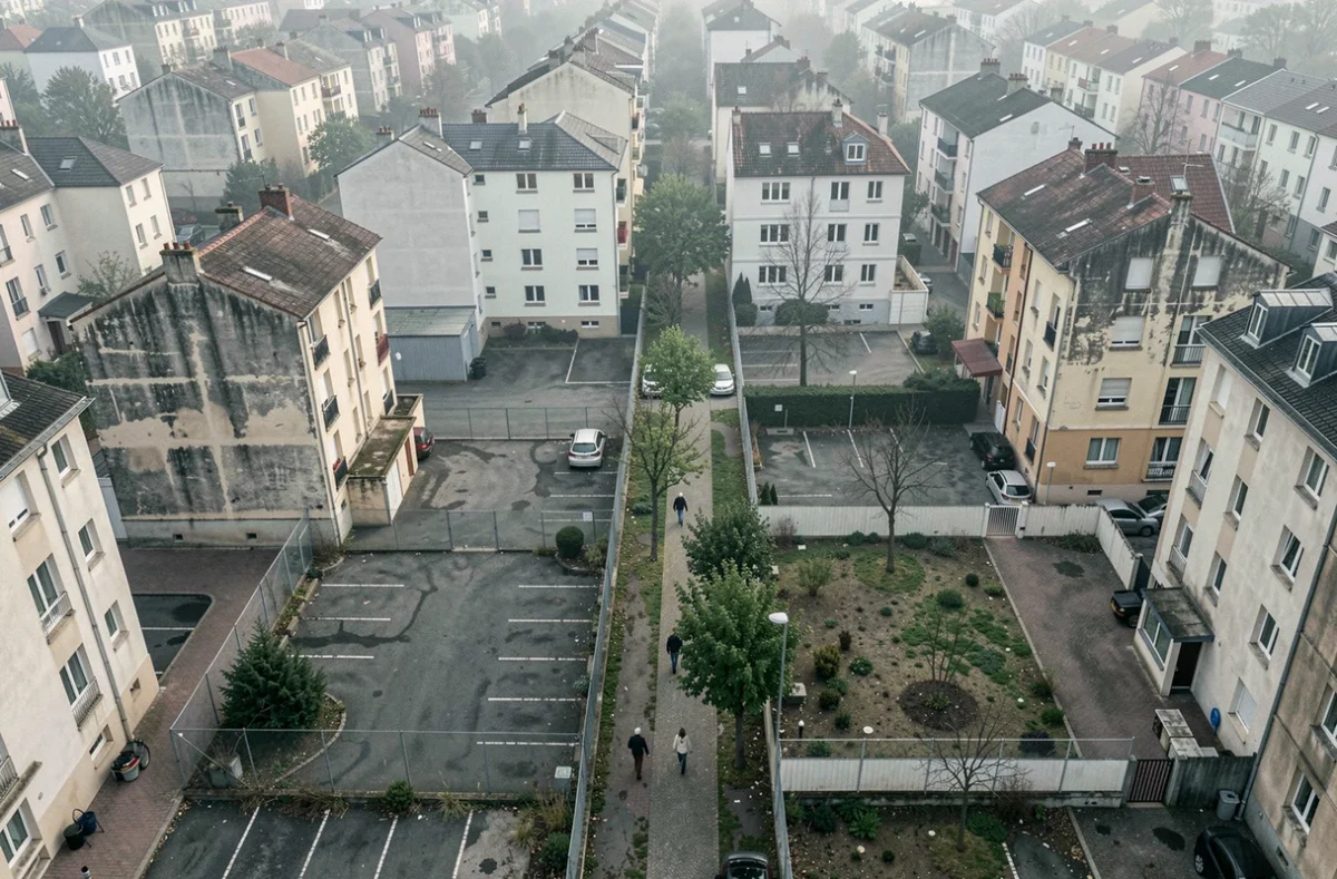 Vue aérienne d'un quartier populaire de Caen avec immeubles contrastés et ruelles étroites