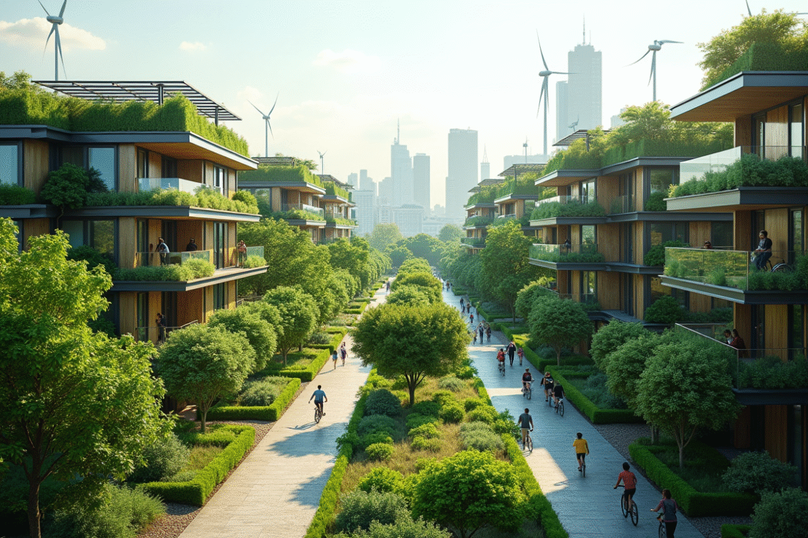 Quartier écologique urbain avec bâtiments verts et jardins sur les toits