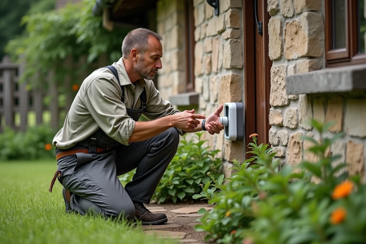 Homme ajustant un thermostat dans un jardin verdoyant