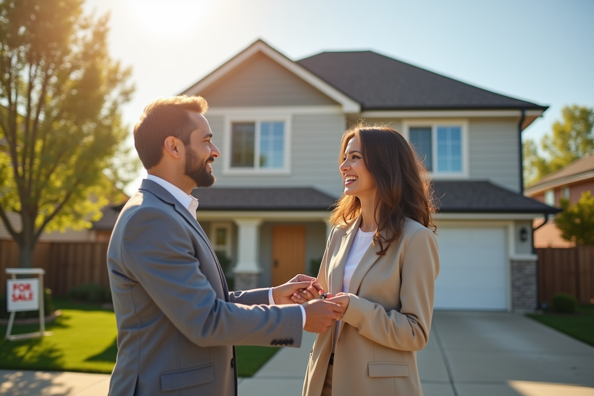 Agent immobilier souriant remettant les clés à un jeune couple devant une maison neuve
