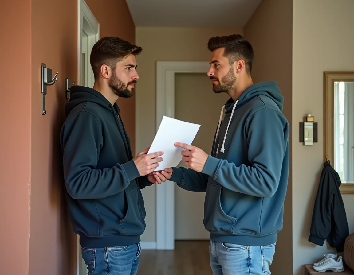 Deux colocataires procèdent à la remise d'un document de bail solidaire dans le couloir de leur appartement partagé