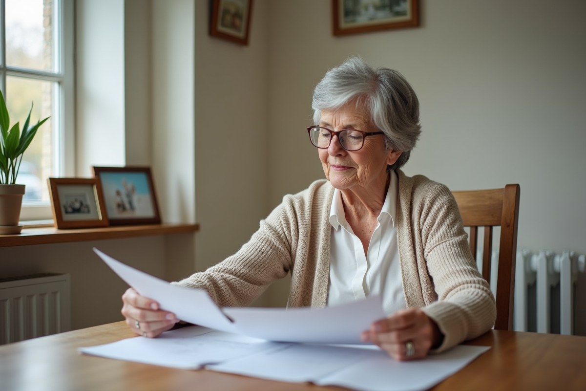 Femme retraitée lisant des documents fiscaux dans sa maison