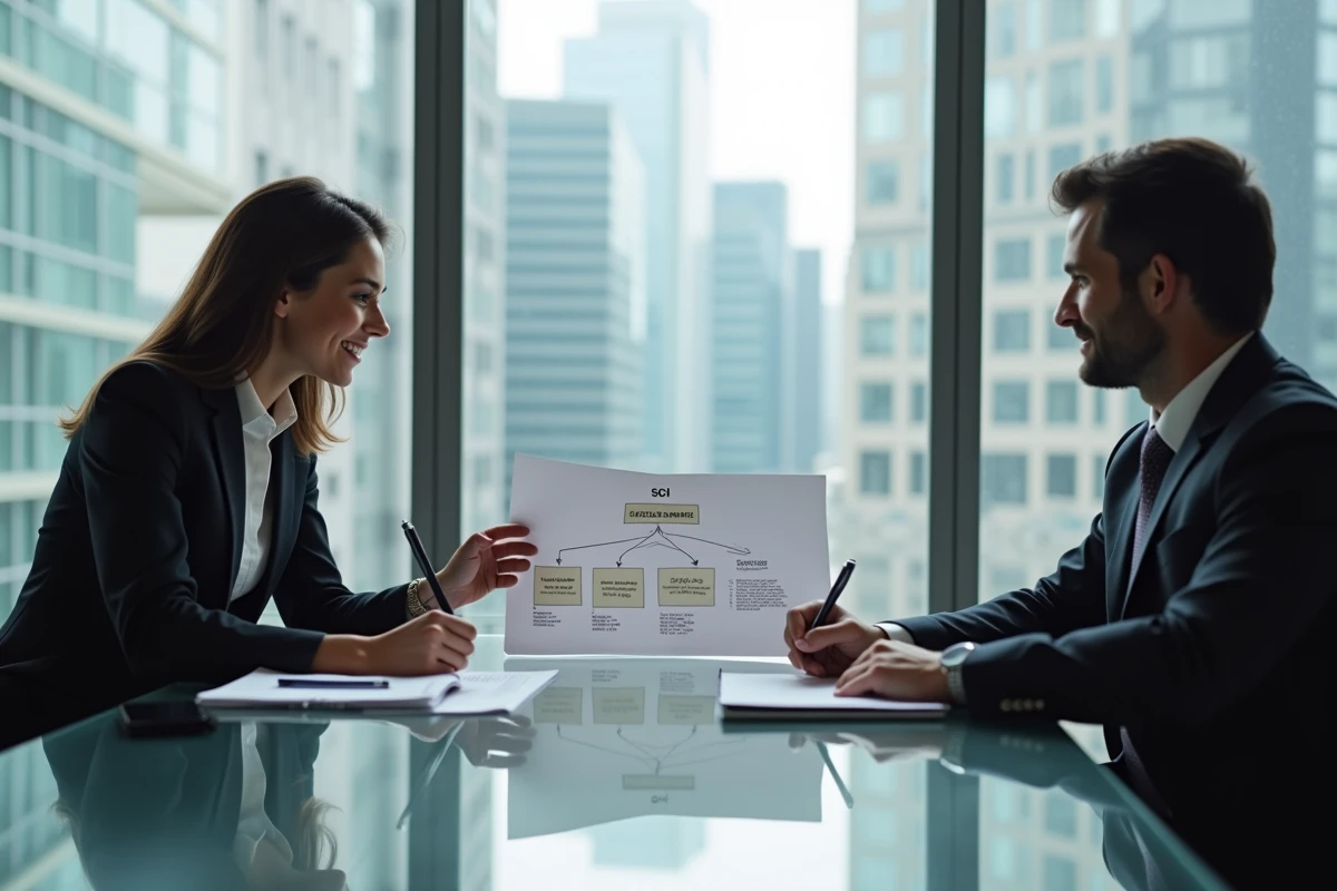 Professionnels discutant de la structure juridique SCI et SAS pour optimiser les frais de notaire