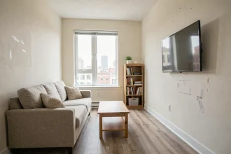 Salon d'appartement meublé conforme à la liste légale pour location, avec canapé, table basse et télévision