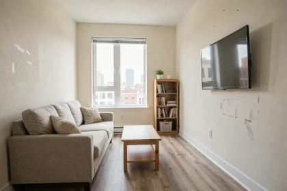 Salon d'appartement meublé conforme à la liste légale pour location, avec canapé, table basse et télévision