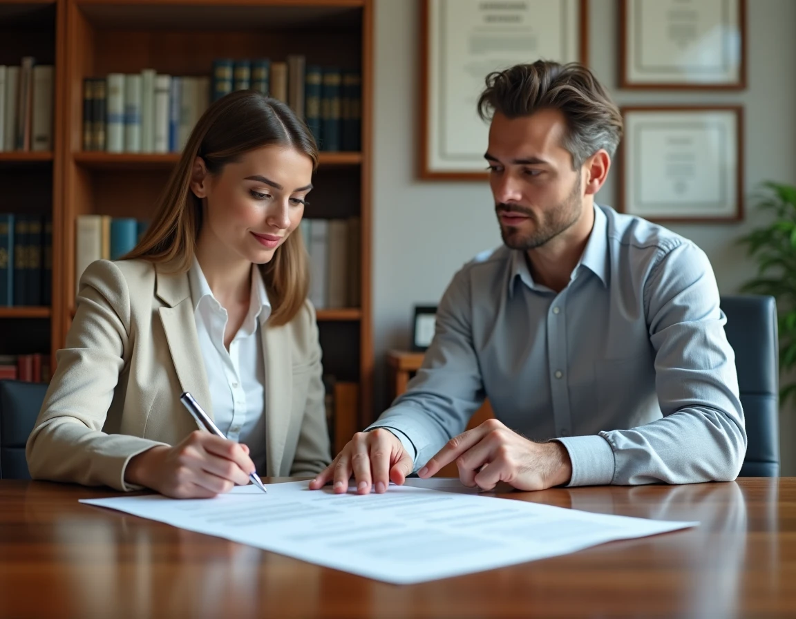 Une locataire et un agent immobilier passent en revue les obligations d'un bail solidaire de colocation dans un bureau professionnel