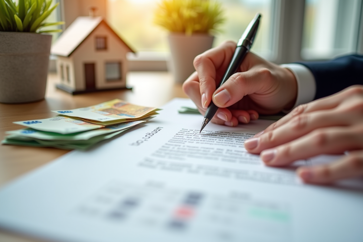 Main signant un contrat financier avec maison miniature et billets