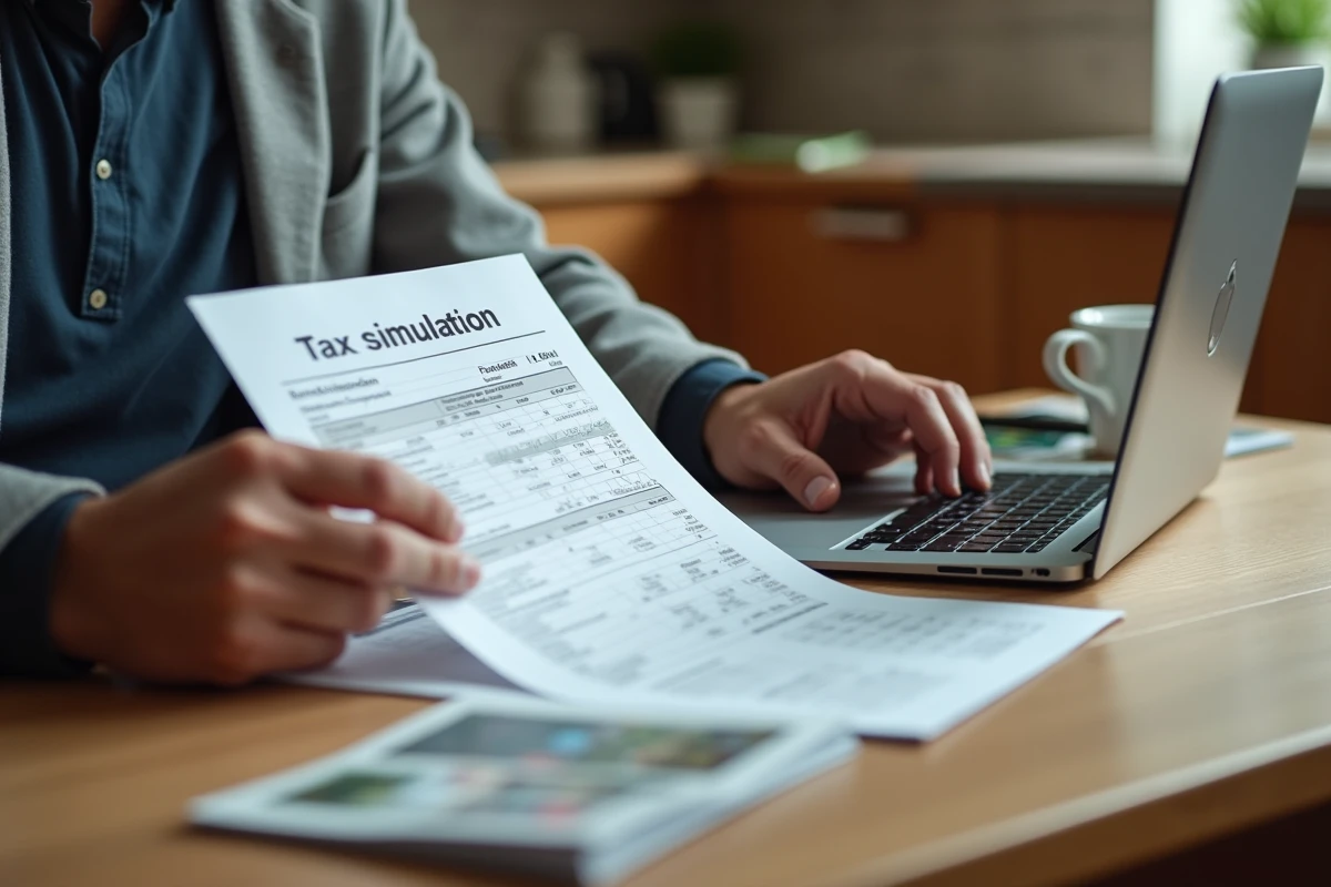Gros plan de mains tenant une simulation fiscale immobilière à domicile