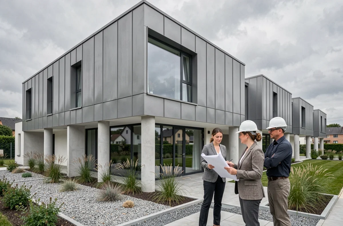 Promotrice Sogeprom et ingénieur devant une résidence moderne à façade zinc et terrasse paysagère en Moselle