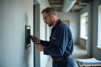 Technicien inspectant une unité VMC murale dans un couloir d'appartement rénové en copropriété