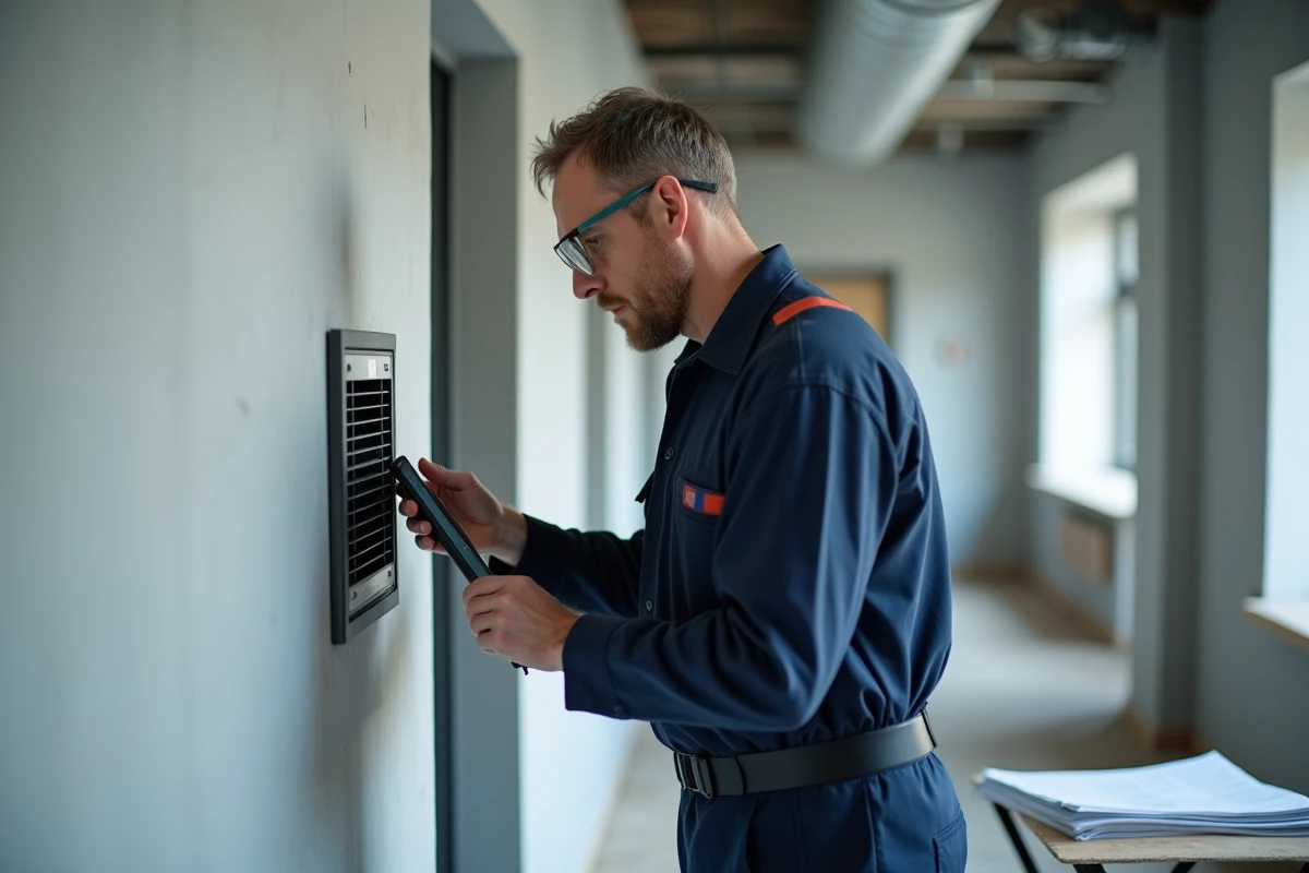 Technicien inspectant une unité VMC murale dans un couloir d'appartement rénové en copropriété