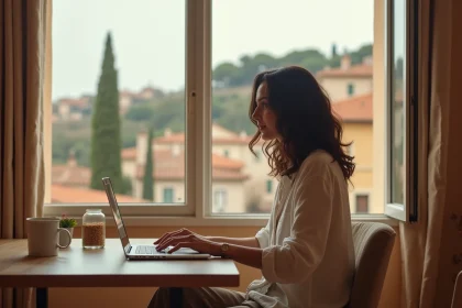 Femme en télétravail depuis son appartement dans le sud de la France avec des cartons de déménagement visibles en fond