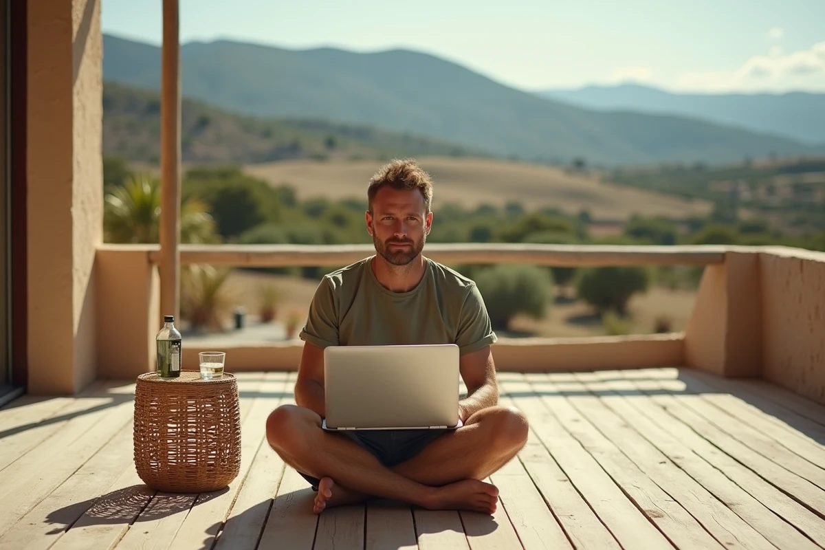 Homme en télétravail sur une terrasse provençale avec vue sur un paysage du sud de la France