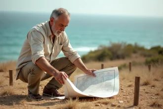 Homme consultant un plan cadastral sur un terrain vide en bord de mer, garrigue méditerranéenne et mer turquoise en arrière-plan