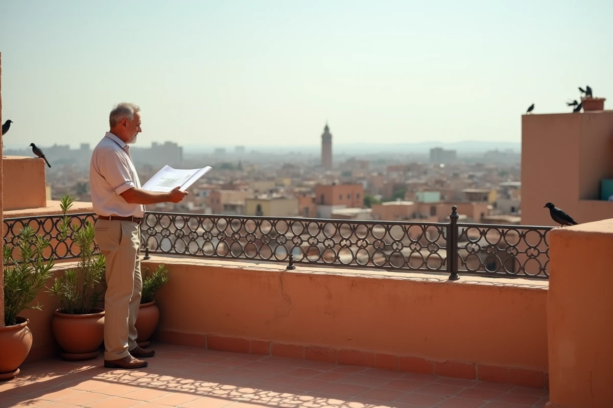 Terrasse sur toit d'un appartement à vendre près de la médina de Marrakech avec vue panoramique sur les toits