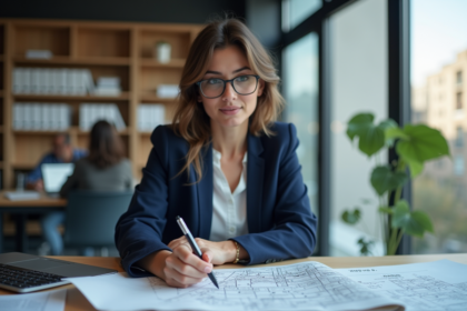 Femme urbaniste en réunion avec carte de zone U