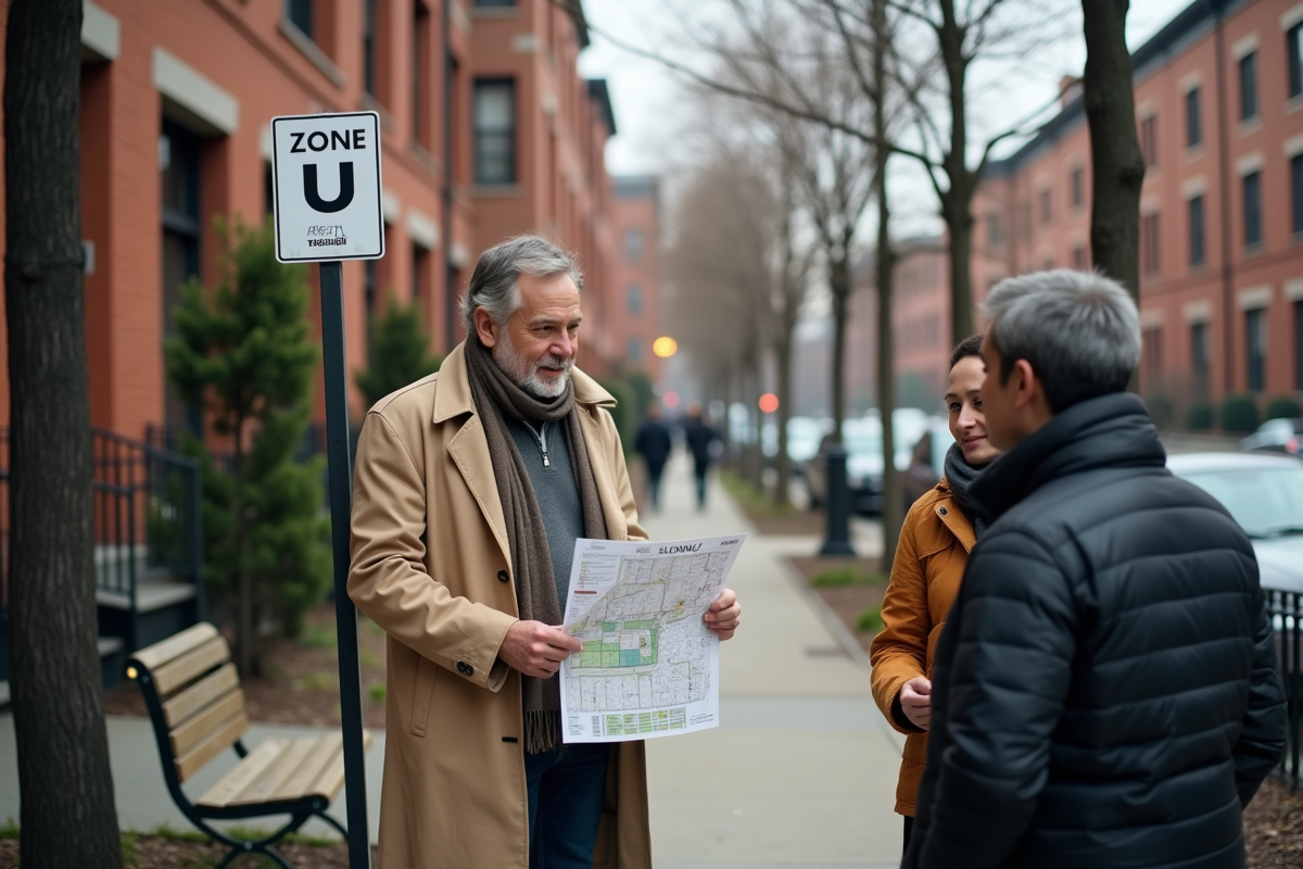 Urbaniste expliquant plan de zone U à des résidents
