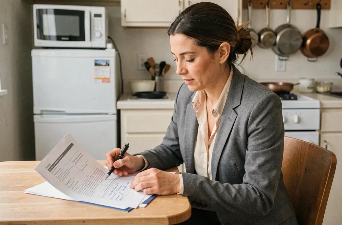 Femme vérifiant la liste de mobilier obligatoire pour location meublée sur un document PDF imprimé
