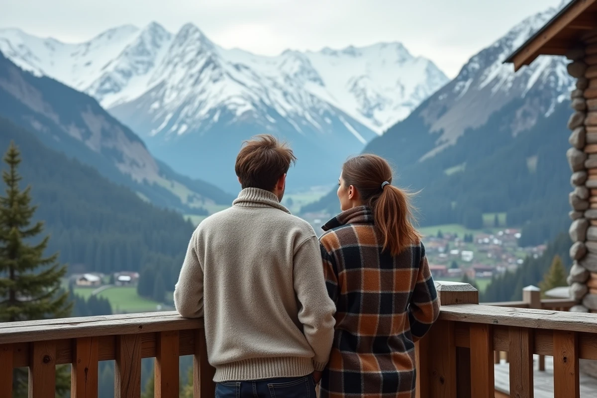Couple sur un balcon de chalet en bois contemplant un panorama de montagne en Haute-Savoie au printemps