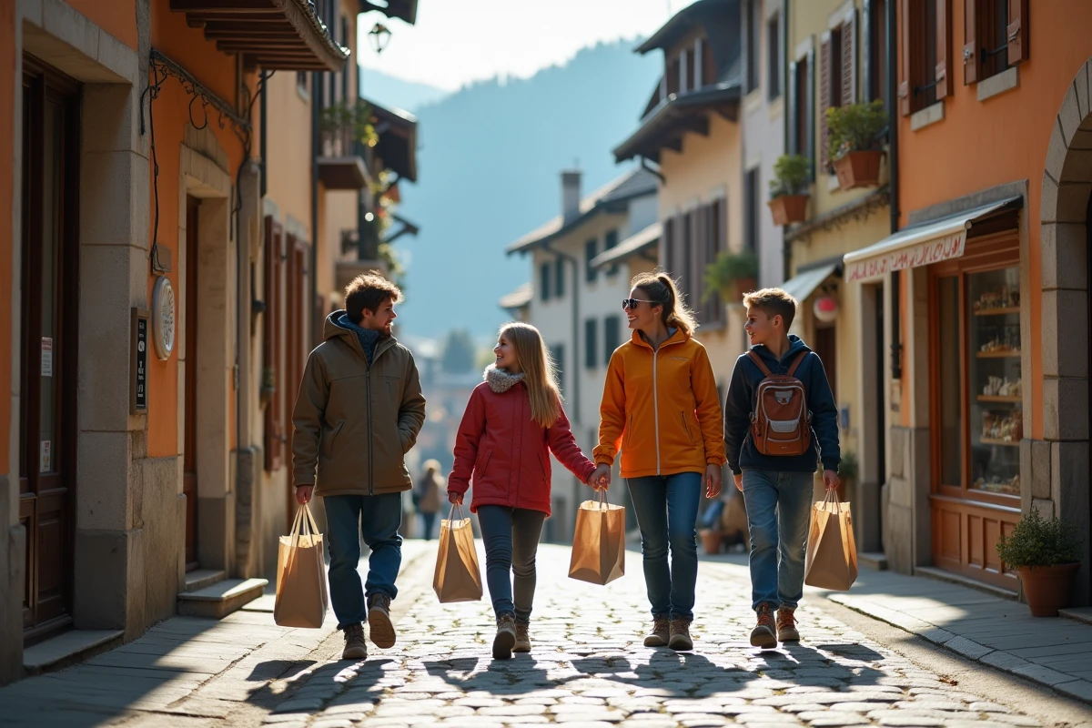 Famille se promenant dans une rue pittoresque d'un village de montagne alpin en automne avec commerces locaux