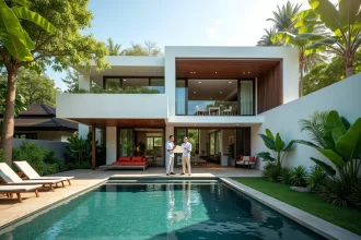 Couple devant une villa moderne de style thaïlandais avec piscine privée dans un quartier résidentiel de Koh Samui