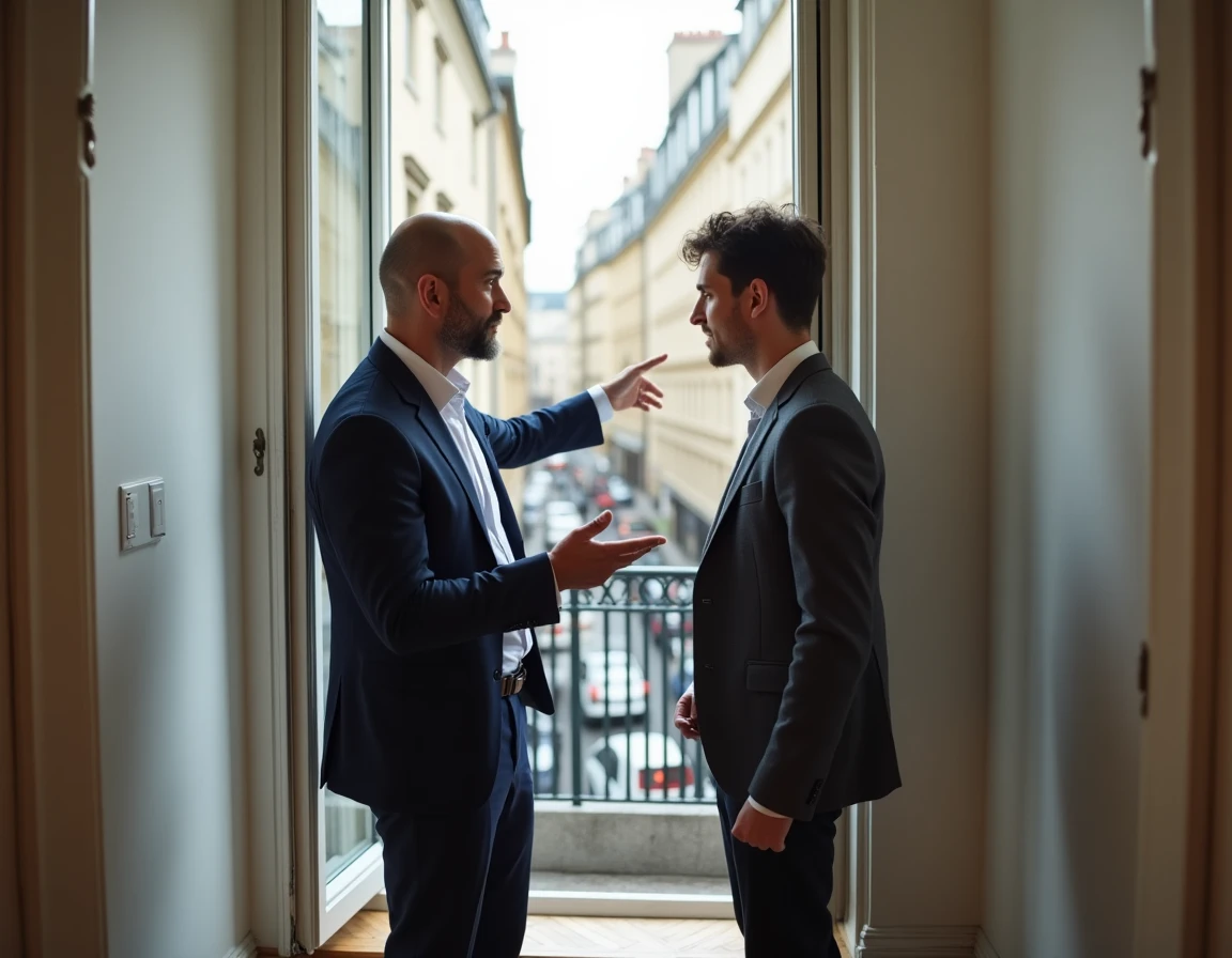 Agent immobilier présentant un appartement à un acheteur lors d'une visite en zone tendue