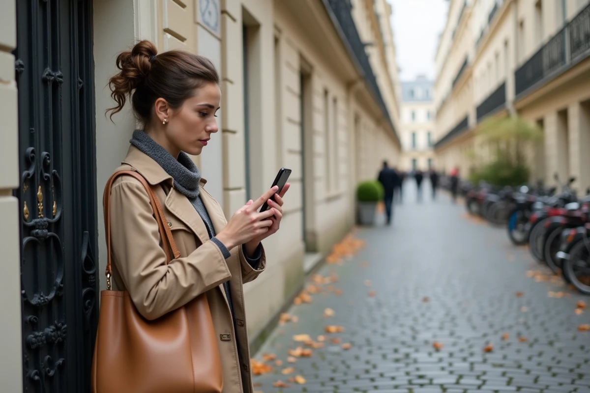 Jeune femme visitant un bien immobilier trouvé sur lions-immobilier.com depuis son smartphone dans une rue parisienne