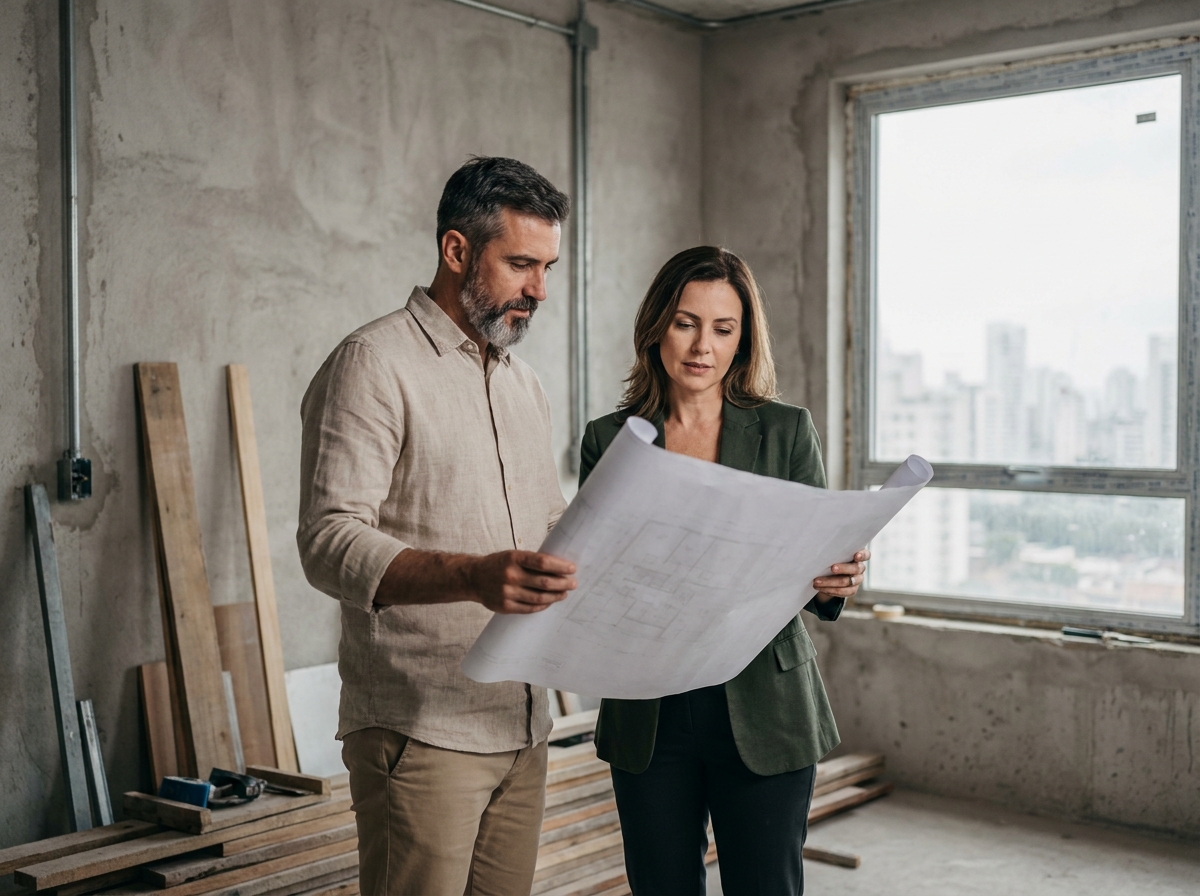 Deux professionnels étudiant les plans d'un appartement en rénovation dans le cadre d'un investissement immobilier
