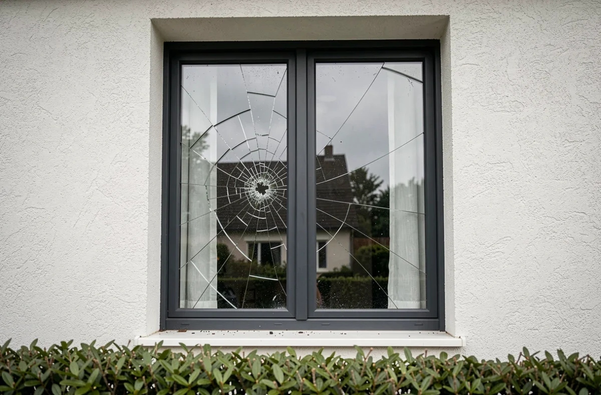 Vitre brisée d'une fenêtre de maison individuelle avec fissures en toile d'araignée