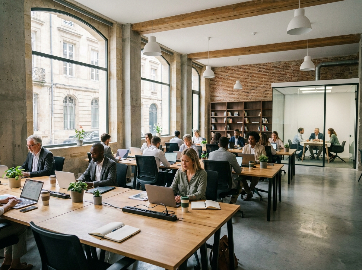 Vue panoramique d'un grand espace de bureaux partagés à Bordeaux avec plusieurs professionnels en activité