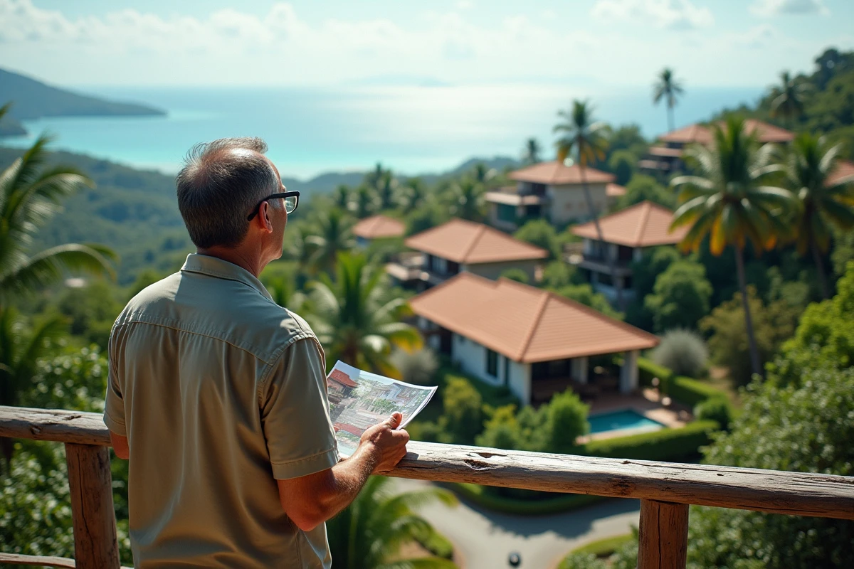 Vue panoramique sur un quartier résidentiel en hauteur de Koh Samui avec maisons tropicales et vue sur le golfe de Thaïlande