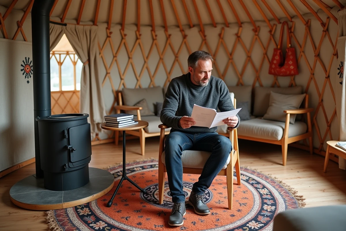 Intérieur confortable d'une yourte neuve en showroom avec un homme comparant des offres d'achat sur des brochures posées sur une table en bois