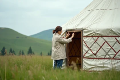 Femme inspectant l'extérieur d'une yourte traditionnelle en occasion dans un pré vert, évaluant la qualité de la structure en bois et de la toile