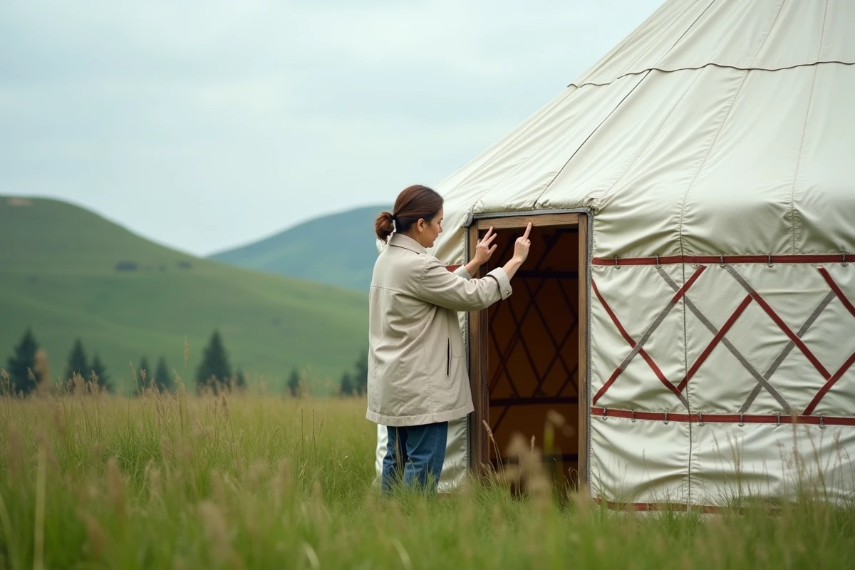 Femme inspectant l'extérieur d'une yourte traditionnelle en occasion dans un pré vert, évaluant la qualité de la structure en bois et de la toile